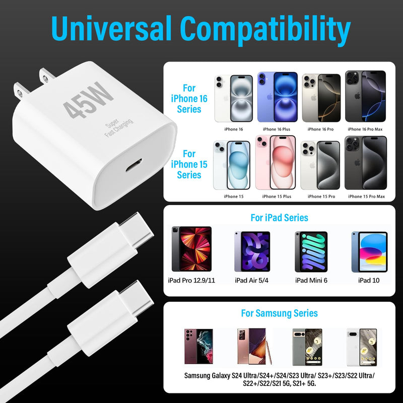 iPad Charger Fast Charging, 45W USB C Wall Charger Block + 10FT Cable | USB C Cable for iPad Pro 13/12.9/11 inch, iPad A16 11th/10th, iPad Air 13/11 inch M4/M3/M2/5th/4th, iPad mini 7/6, New iPhone White2-45W 10FT-C