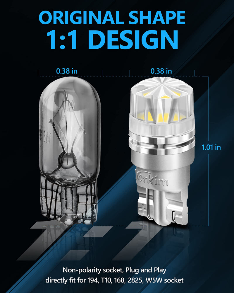 Yorkim 10psc 194 LED Bulbs 6500K White with special diamond cover 168 Led Bulb 2825 W5W T10 Led Bulb for Car Interior Lights Courtesy Map Dome Trunk License Plate Lights Side Marker Lights, Pack of 10 White-10Pack