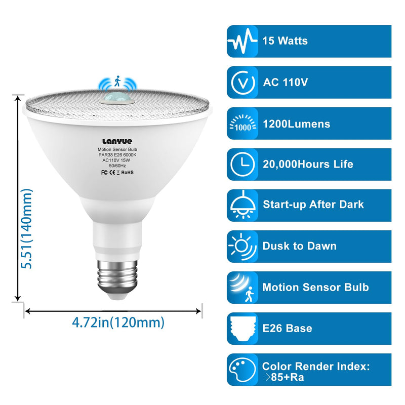 Motion Sensor Light Bulbs, Dusk to Dawn Outdoor Lighting, PAR38 Led Motion Sensor Flood Light 100 Watt Equivalent(15W), 6000K Daylight, Waterproof Outdoor/Indoor,(4 Pack) LY-PAR38H001