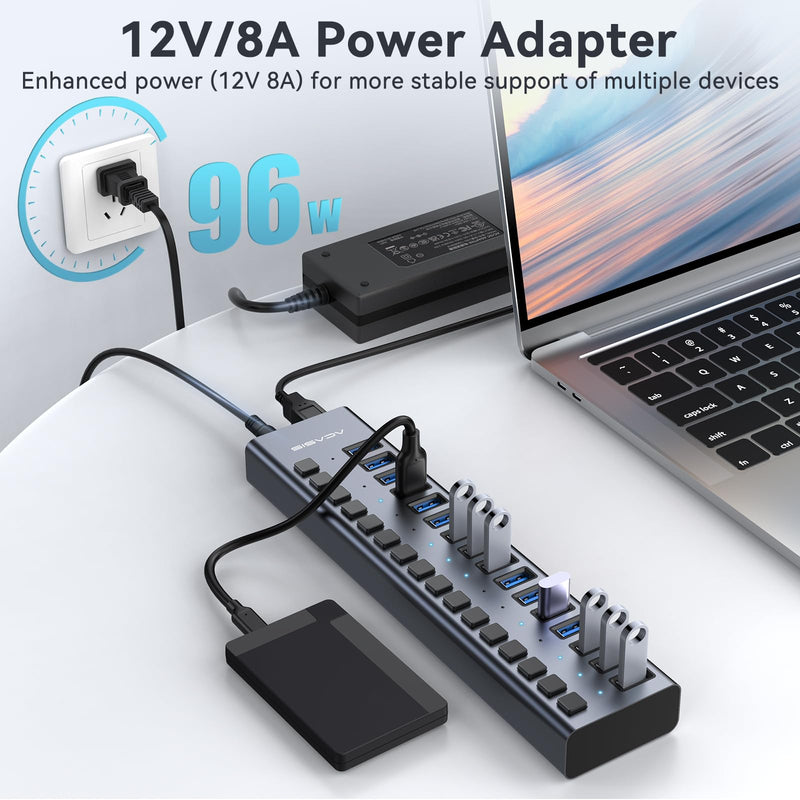Powered USB 3.1 Hub, ACASIS 16 Ports USB 3.1 Hub with 10Gbps Data Speed，Aluminum Housing, USB Hub Powered with 96W Power Adapter, USB Hub for PC/Laptop, Computer, Flash Drive, Printer, Camera