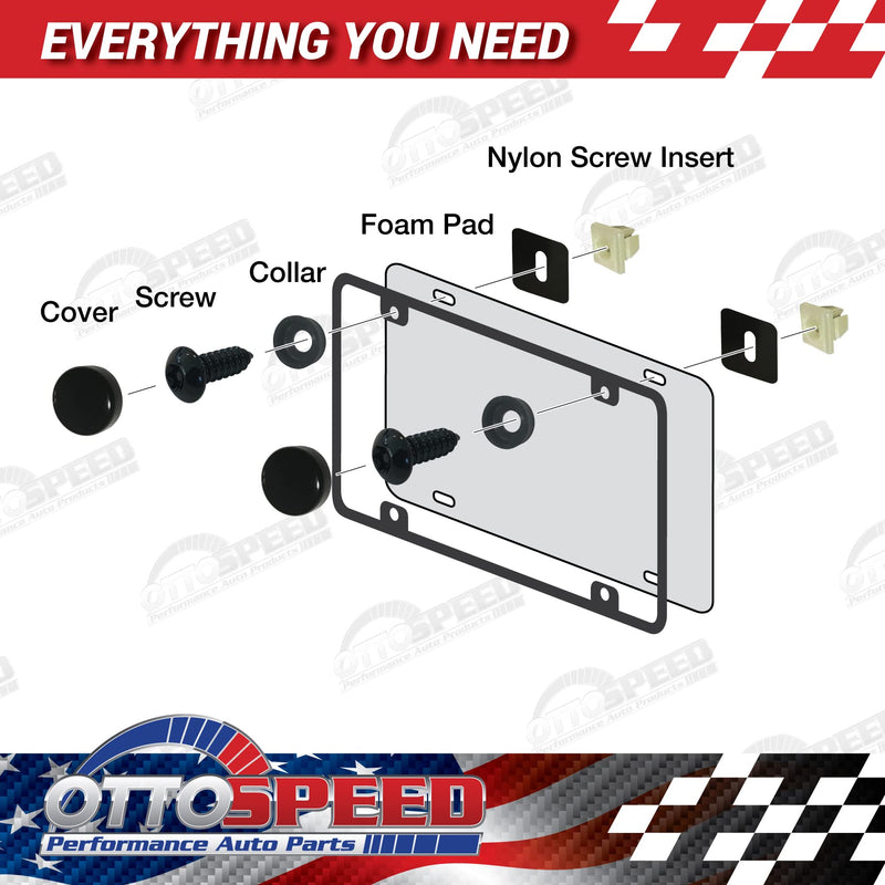 Anti-Theft License Plate Screws Fastener Kit - Rustproof Black Screws, Nylon Screw Inserts, Black Screw Covers, and Anti-Rattle Foam Pads for Fastening License Plates (Black Stainless Steel) 8-Black