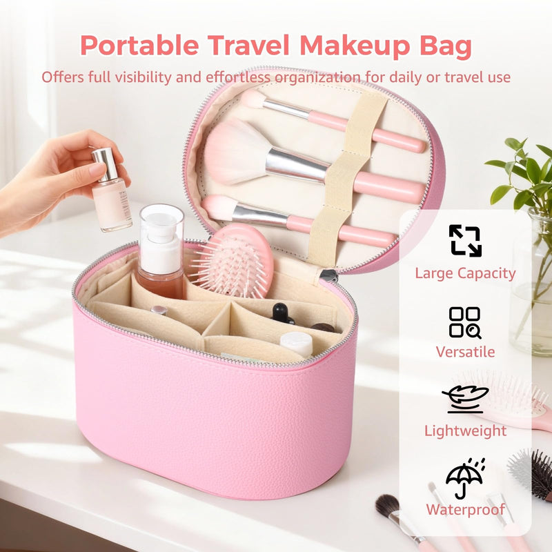 Makeup Vanity Bag for Women - Large Capacity Cosmetic Organizer with Removable Liner, Waterproof PU Leather Skincare Bag, Portable chic Cosmetic Make Up Case for Skincare, Brushes, Accessories, Pink StyleA