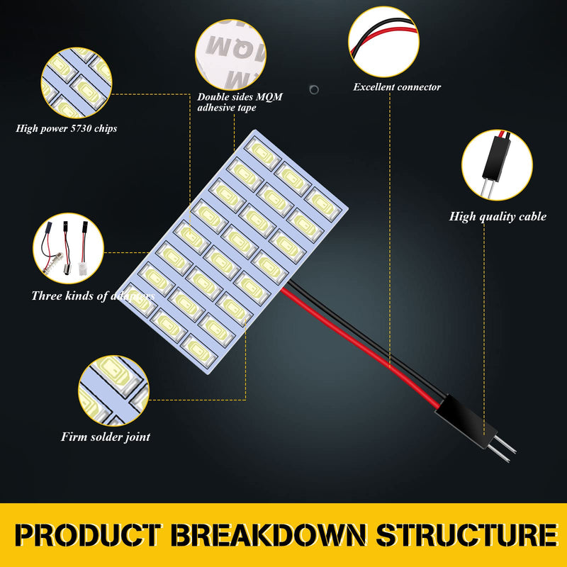 YM E-Bright 6-Pack Cool White 5730 24SMD Led Panel Dome Light Auto Car Reading Map Light Bulb DC 12V With T10 / BA9S / Festoon Adapters 24SMD-White