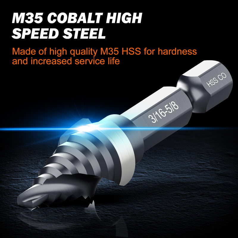 THINKWORK M35 Cobalt Spiral Flute Step Drill Bit Set, 5 Pcs Single Size HSS Step Bits (1/8"-3/4"), Small Size EDC Unibit with 1/4" Shank Step Bits for Metal, Aluminum, Steel, Wood Plastic (1/8"-3/4")5Pcs