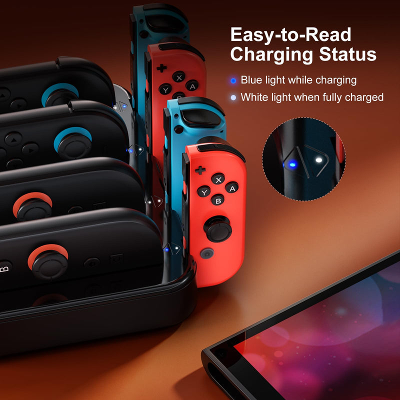 NEWDERY Controller Charger for Nintendo Switch 1/2 Joy Con, Charging Dock | 8 in 1 Fast Charging Station | Magnetic Snap | USB C Cable | LED Indicators | Organizer Stand Accessories | for Joy Con 2/1