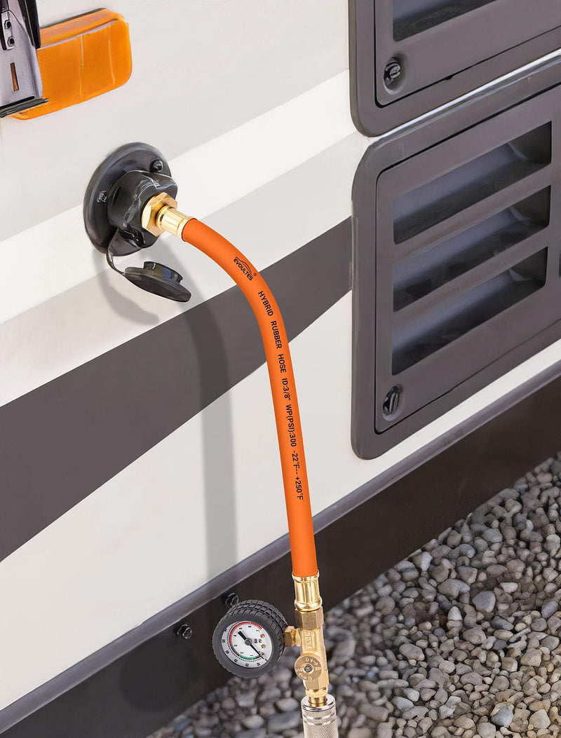 Brass RV Winterizing Kit with Pressure Guage, 17 Inch Garden Hose with 3/4" GHT Blow Out Fitting Adaptor & 1/4" NPT Quick Connect Plug, Sprinkler Blowout Adapter for Camper, Travel Trailer