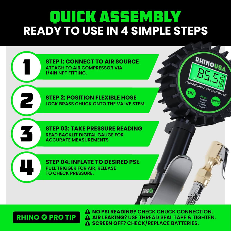 Rhino USA Digital Tire Pressure Gauge with Inflator (0-200 PSI) - Heavy Duty Air Chuck and Compressor Accessories with Stainless Braided Hose, Large 2" Dial and Solid Brass Hardware for Truck and RV 200psi Digital