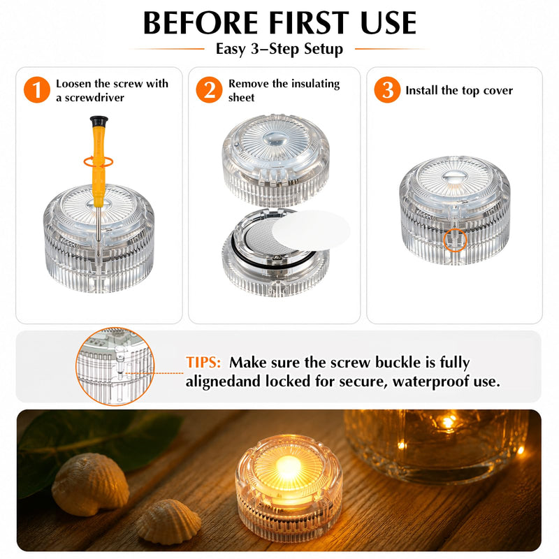 HL Submersible LED Lights,Yellow Mini LED Tea Light,150 Hour Runtime | Waterproof Battery Powered Small Flameless Lights for Weddings,Vases,Home,Festivals and Parties,12pcs (Built-in 24 Batteries) Yellow 12P