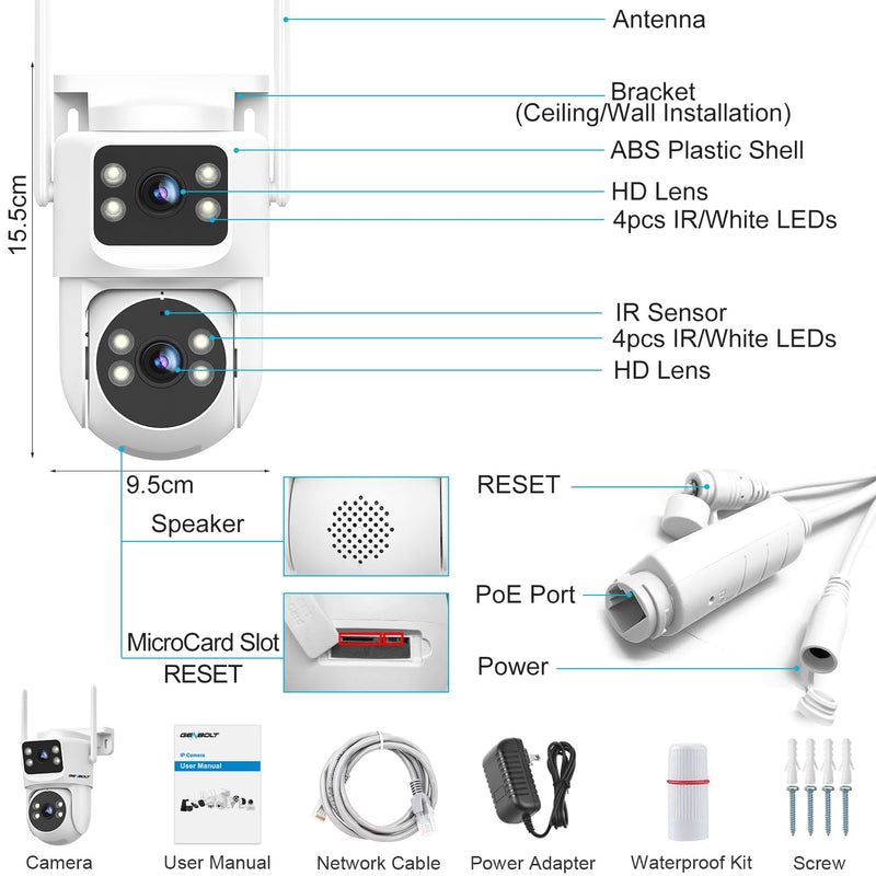 GENBOLT PTZ WiFi Security Camera Outdoor with Dual Lens, CCTV Surveillance with Dual View, Cloud Storage Upgraded with Color Night, Auto Tracking Humanoid Detection [DC&PoE]