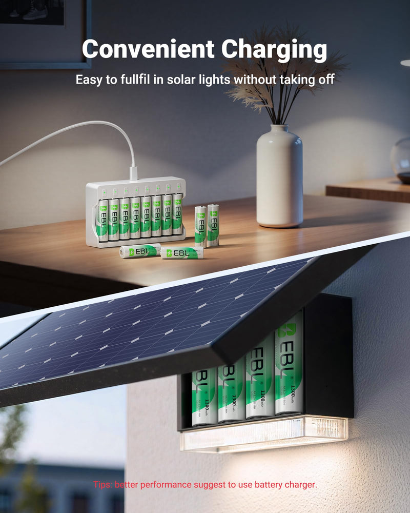 EBL Solar AA Battery Rechargeable Batteries for Outdoor Solar Lights, 1300mAh NIMH Pre-Charged 1.2V Recharge up to 1200x Times for Garden Landscaping String Lights, Pack of 12 12 AA Count