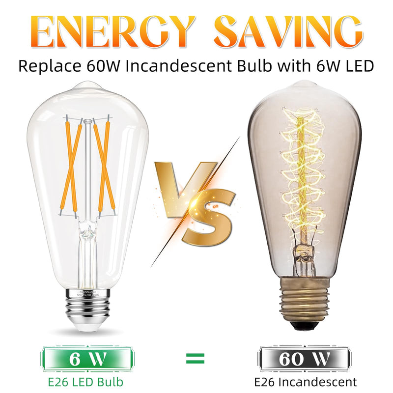 Edison Bulbs 60 watt LED Equivalent, Vintage Light Bulbs Non-Dimmable, 2700K Warm White, ST58 E26 LED Bulb, 90+ CRI, 6W 600LM, E26 Medium Base, Clear Glass, 12 Pack