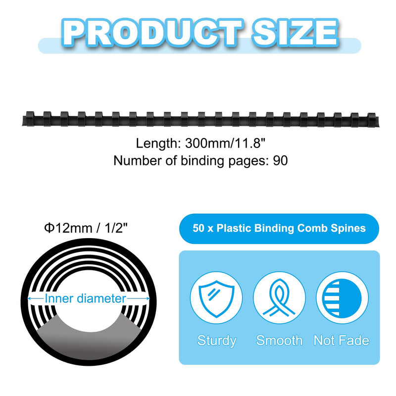 PATIKIL 12mm (1/2") Plastic Binding Combs, 50 Pcs 21 Rings Comb Binding Spines 90 Sheet Capacity Letter Size for Binding Paper Sheets, Black
