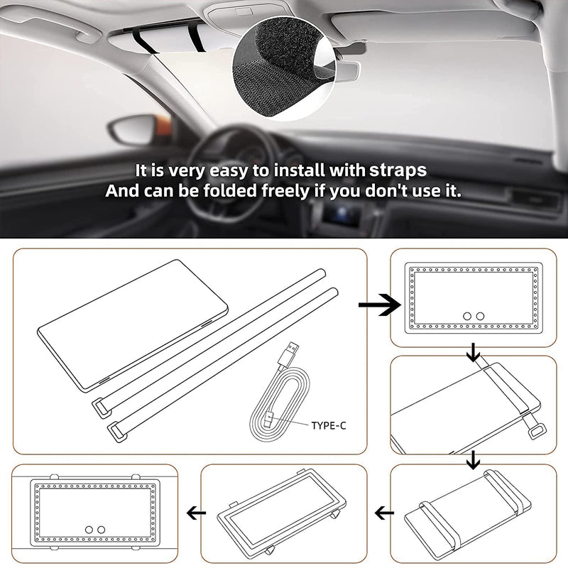 Car Sun Visor Vanity Mirror, with 3 Light Modes & 60 LEDs - Rechargeable Dimmable Clip-on Rear View Sun-Shading Cosmetic Makeup Mirror, Universal for Car SUV(Black) Black