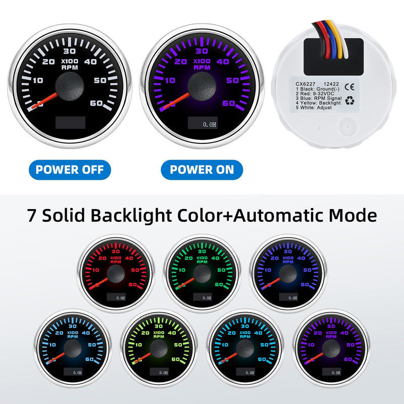 MH Tachometer 2-1/6" 52mm 6000 Tach Boat RPM Gauge 7 Color Waterproof for AUTO Car Truck Marine（Black & Sliver）