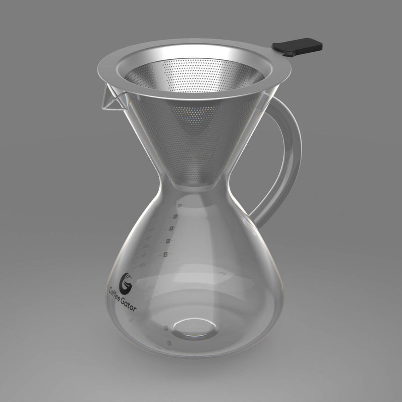 Coffee Gator Pour Over Coffee Maker - 27oz High Heat Borosilicate Glass with Reusable Stainless Steel Filter, Drip Coffee Brewer Dripper Set Carafe, 800ml Clear 27 oz