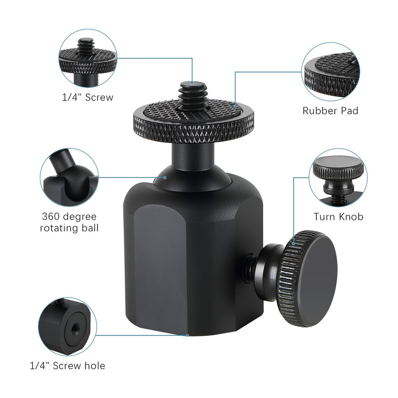 Mini Ball Heads Universal Tripod Ball Head Camera Screw Mount, 360 Degrees Rotatable Tilt with 1/4 inch Screew for Cameras Monopods Camcorder LED Light Stand, Loads to 10lbs, Black (2) 2