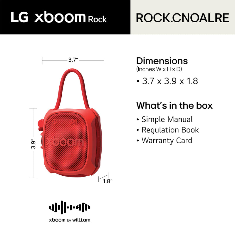 LG xboom Rock by will.i.am, Portable Outdoor Bluetooth Speaker, up to 10 Hours, IP67 Dust and Water Resistant, Adjustable Mounting Cord, Red