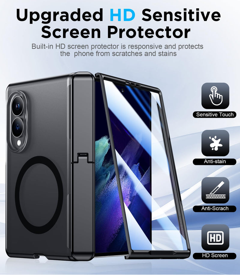 for Samsung Galaxy Z Fold 8 Case,[Compatible with MagSafe][Built-in HD Screen Protector & Kickstand][Hinge Protection] Translucent Matte Full-Body Shockproof Phone Case for Z Fold 8 Wide,Black Black