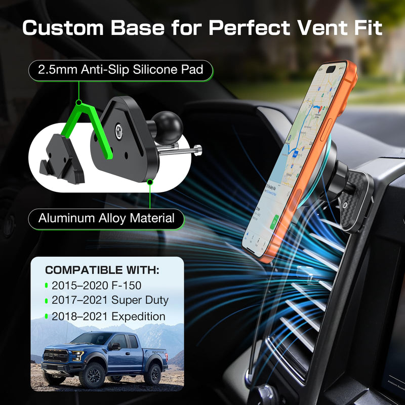 Magnetic Vent Phone Mount with 15W Fast Charging for Ford F-150 2015–2020, Super Duty 2017–2021, Expedition 2018–2021, Metal Magnetic Car Holder Suitable for Most Smartphones Black - Magnetic Charging