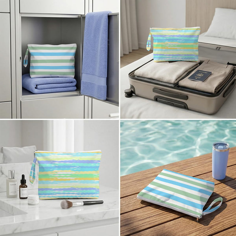 Fokongna Reusable Waterproof Wet Bags 2 Pack, Leak Resistant Dry Wet Separation Organizer for Swim Wear Beach Towels Gym Clothes Travel Essentials Summer Stripe Set 03