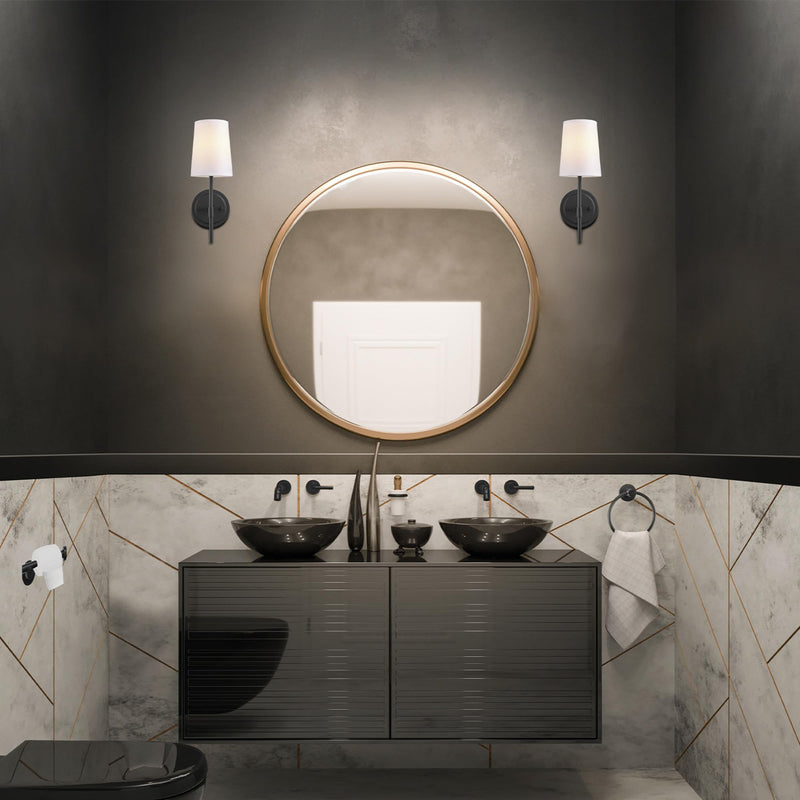 GLOBE Electric 51859 1-Light Wall Sconce, Matte Black, White Fabric Shade, Wall Lighting, Wall Lamp Dimmable, Wall Lights for Bedroom, Kitchen Sconces Wall Lighting, Home Décor, Bulb Not Included Matte Black, White Shade