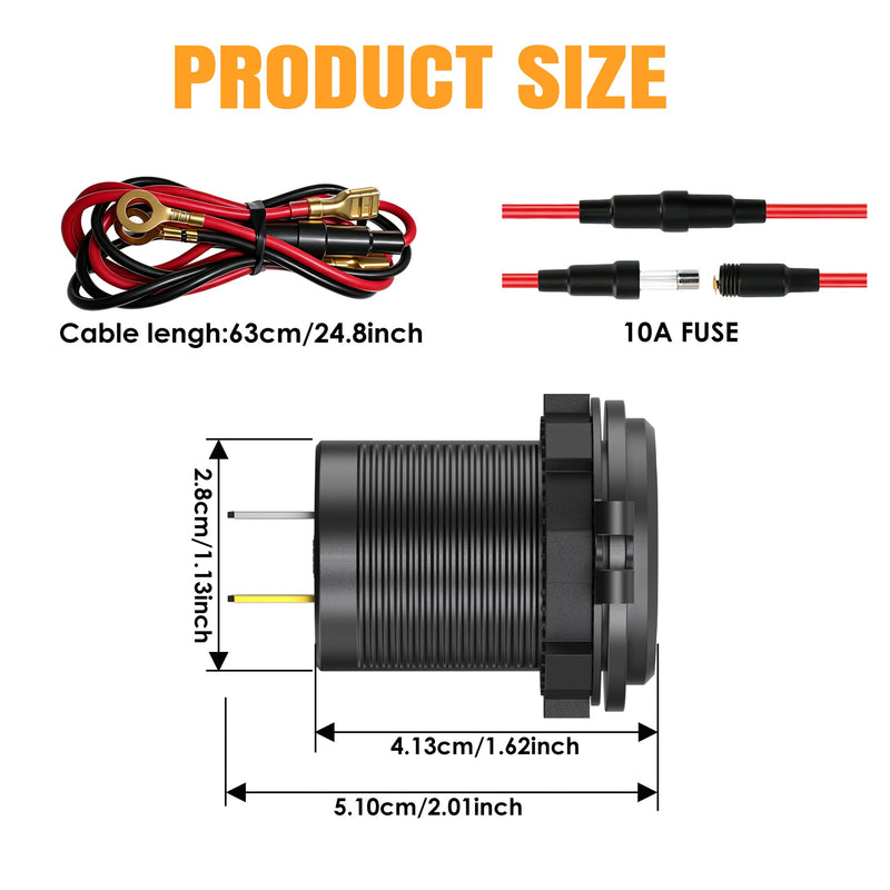 2 PCAK 12V USB Outlet PD Fast Charging, Multi Port Car Charger Socket 12V/24V with Voltmeter, Waterproof USB Cigarette Lighter Replacement for Car Boat Marine RV Golf Cart