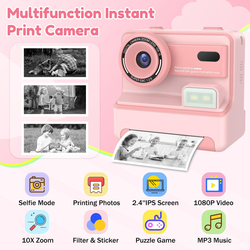 Kids Camera Instant Print, Dual-Lens Selfie Camera for Kids with 1080P Videos, 2.4 Inch Screen, 32GB SD Cards & 3 Rolls Print Paper, Christmas Birthday Gifts for Girls Age 3-12 Pink