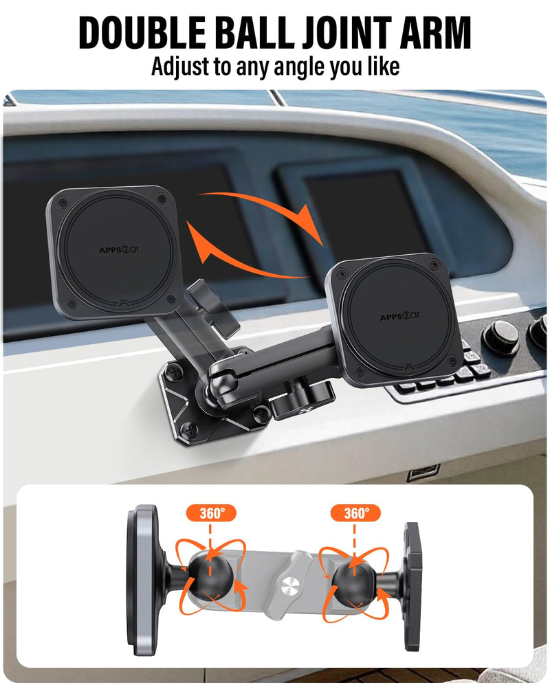 APPS2Car Alloy Magnetic Phone Mount for Boat/Truck/Car/Wall, Drill Base | 20×N55 Strong Magnets, 360° Adjustable, Durable Aluminum&ABS, Heavy Duty Phone Holder for Magsafe iPhone Samsung Most Phones