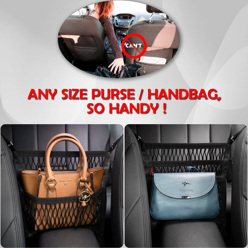 Car Accessories, Car Organizer Storage Between Front Seats, Car Purse Holder, Handbag Holder of 3 Layers Mesh Net Pocket Bag, Backseat Dog Pet Barrier, Patented