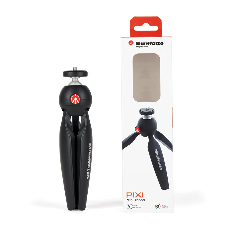 Manfrotto MTPIXIMII-B, PIXI Mini Tripod with Handgrip for Compact System Cameras, for DSLR, Mirrorless, Video, Made in Italy, Technopolymer and Aluminum, Black PIXI Mini Made in Italy