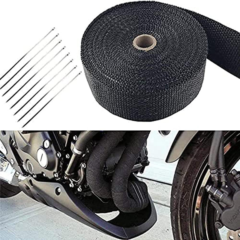 Deecam Exhaust Heat Wrap, 2'' x 16.5' Black Fiberglass Heat Resistant Exhaust Wrap Roll for Motorcycle, Car Exhaust Pipe Heat Insulation Muffler Tape with 10 Stainless Locking Ties 5M