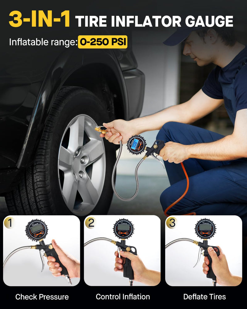 Vondior Digital Tire Pressure Gauge with Inflator, 250 PSI Heavy Duty Air Chuck with Tire Tread Depth Gauge, Stainless Steel Braided Hose with Quick Connect Coupler, Car Accessories 3-250PSI Tire Inflator Gauge