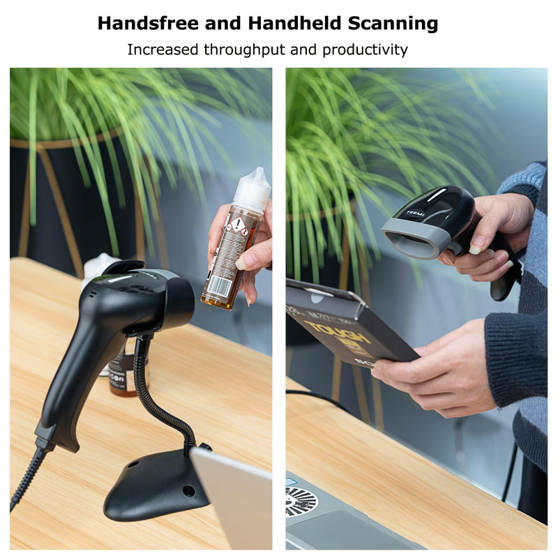 TEEMI 2D USB Barcode Scanner with Stand, 1D/QR Code Reader for Inventory, Handsfree Scanning Gun for Warehouse, Library, Supermarket – Supports Virtual COM Port Stand Included