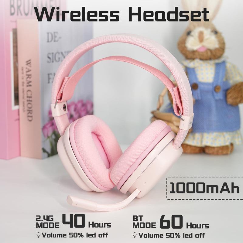 G7 Wireless Gaming Headset, Surround Sound 10ms Low Latency, PC Headset with Detachable Noise Canceling Mic, 40mm Driver, Tri-Mode 2.4G/BT5.2/Wired, Over Ear Headphone for PS5,PS4,Switch Pink