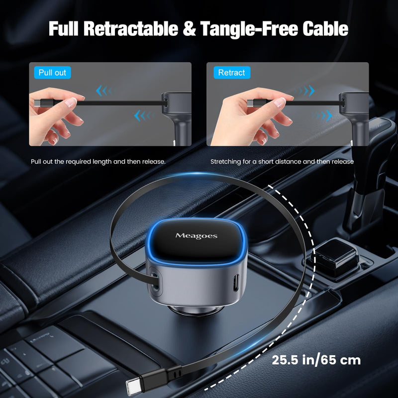 90W Retractable Car Charger USB C Super Fast Charging for iPhone 17 Pro Max | Dual 45W PPS Cigarette Lighter Adapter Plug,for iPhone 16/15/Samsung Galaxy S26/S25/USBC Android Phone,25.5-Inch Type C Cable USB Type C