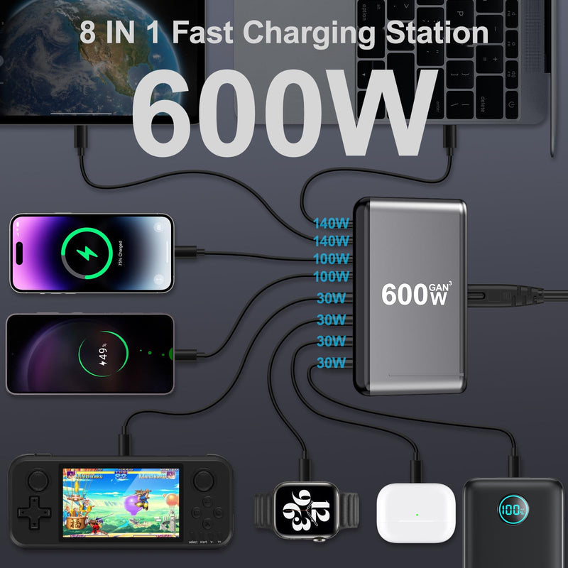USB C Charger Block 600W 8 Port GaN Fast Charging Station Hub for Laptop, iPad, iPhone 17 Pro Max Fast Charger Pixel DELL MacBook Pro/Air Galaxy S25 Steam Deck USB C 140W Adapter for Android
