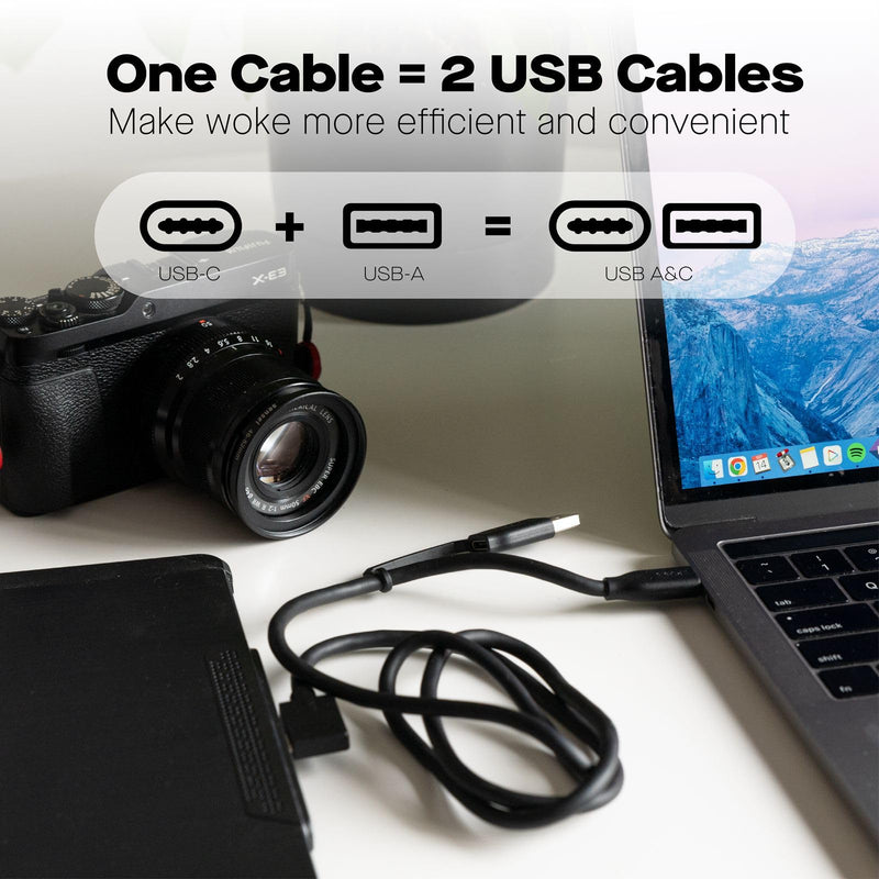 MP Mobile Pixels 2-in-1 Cable, Laptop Monitor Cable, Right Angle USB A/C Cables, 3A/5.0 Gbps Durable, Flexible, Tangle-Resistant Braided Nylon Cord (3ft, Black)