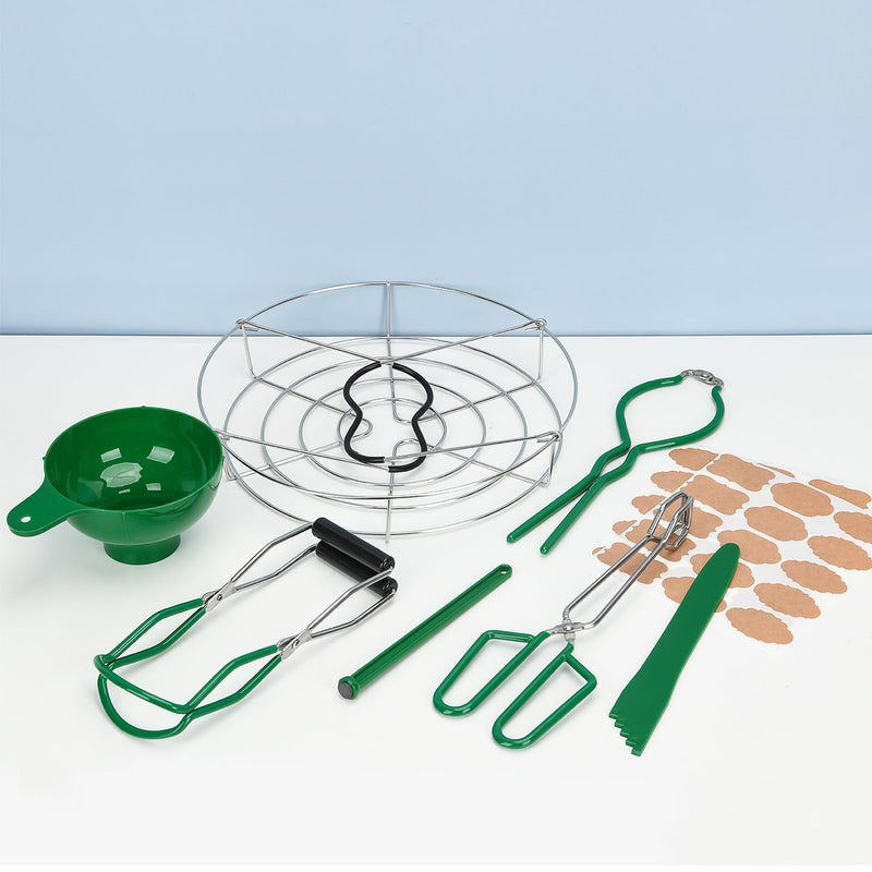 Canning Supplies Boxed Set, Canning kit, Stainless Steel CanningSet, Canning Supplies Starter kit, Jar Lifter, Folding Rack, Tongs, Multifunctional Canning Tools, Funnel for Mason Jars 7pack with label Green