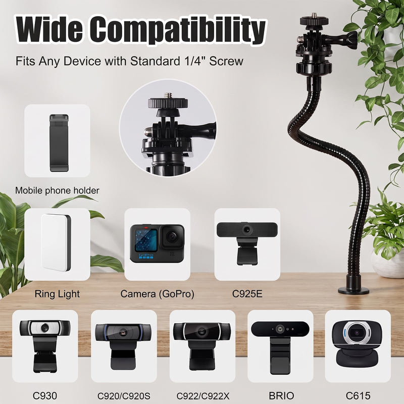Flexible Webcam Stand Mount for Desk, Gooseneck Webcam Arm Tripod with Phone Holder, Desk Camera Mount Compatible with Logitech C922 C930e C920S C920 C615 C960 C920x Brio 4K, 1/4" Thread