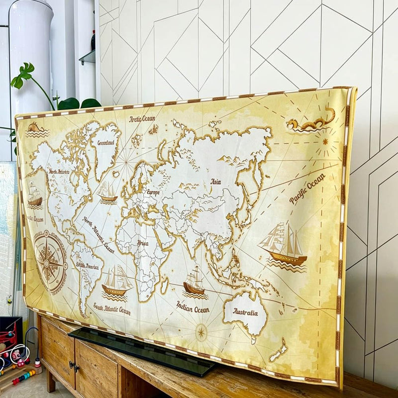 Retro World Map Print Indoor TV Dust Proof Cover Soft Suede Fabric Slipcover Protection Screen Display From Scratches, Dirts, Fingerprint, Sunlight, 43in