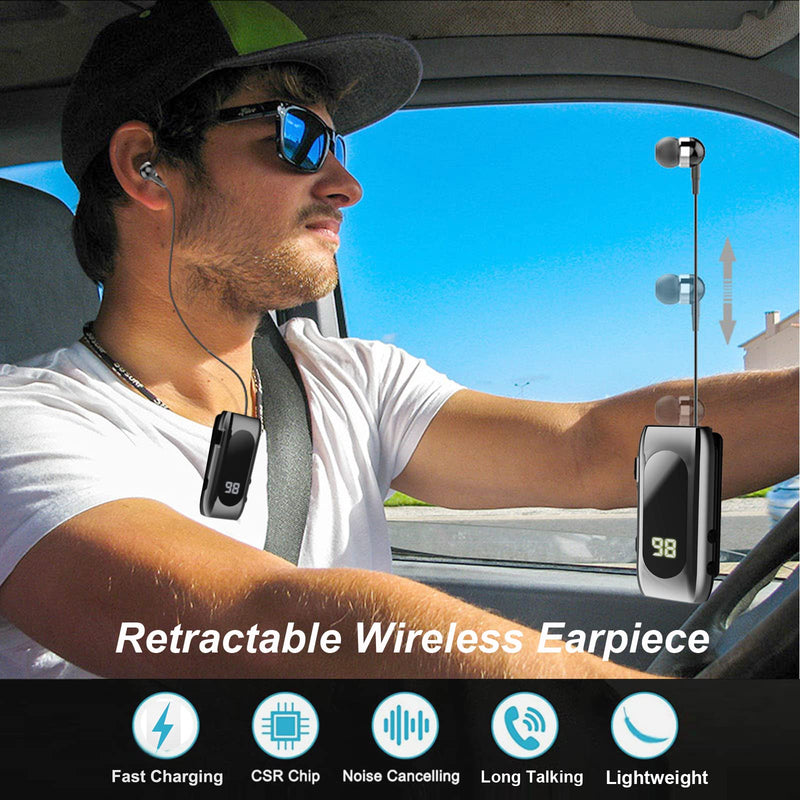 Retractable Wireless Headset Headphone Stereo Earphone V5.0 Noise Cancelling Mic Clip on Earpiece Comfortable HandsFree Headset 20Hrs Talking Time Sports Business Trucker Driver Earbud Iron Black