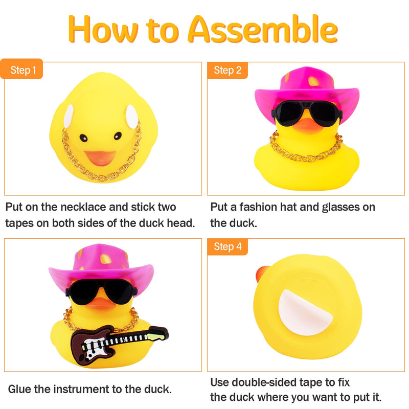 wonuu Rubber Duck Car Ornaments Guitar Duck Cool Car Accessories Car Dashboard Decorations with Cowboy Hat Necklace and Sunglasses, Black&White