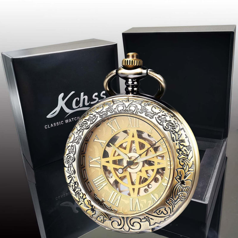 Mechanical Pocket Watch, for Men Women Special Magnifier Half Hunter Engraved Case Roman Numerals with Chain B-a. Compass, Bronze, Gold