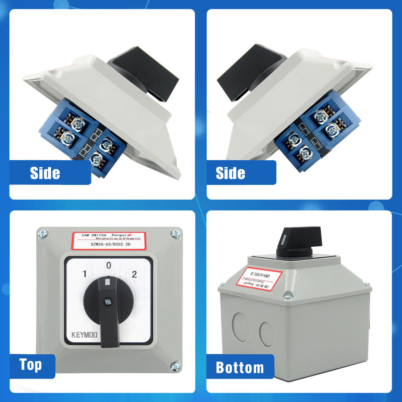 63A Rotary Changeover Switch with Master Switch Exterior Box, 660V 3 Position 2 Phase 8 Terminals Universal Selector Switch SZW26-63/D202.2D IP65