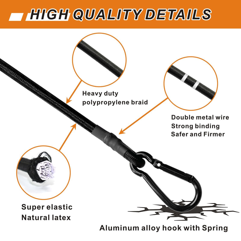 Bungee Cords with Carabiner Hooks Heavy Duty, Outdoor Black Bungee Straps, Strong Industrial Grade Elastic Bungee Rope for Securing Tarps, Luggage, Tents，Bikes, 12in + 24in + 48in，8pcs