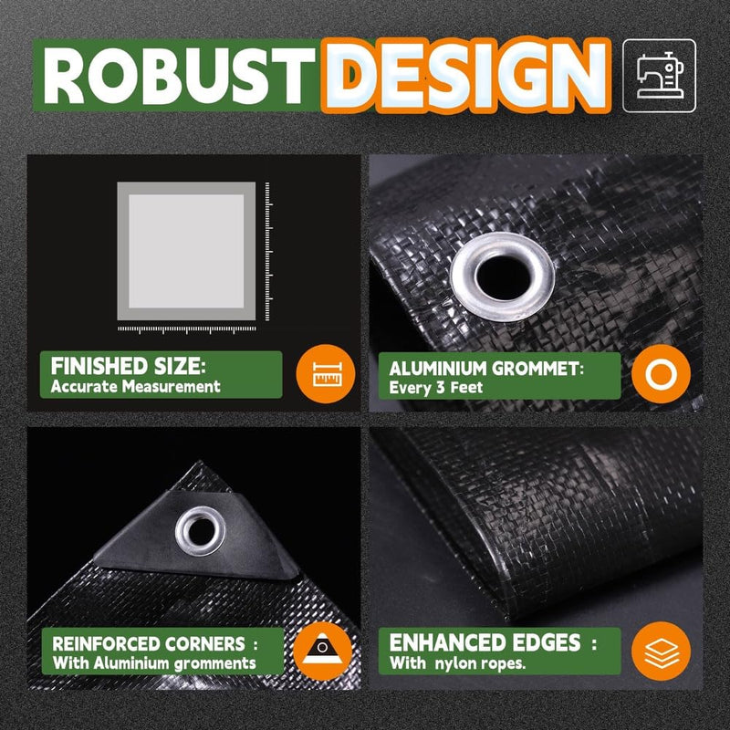 Small Black Tarps 4x6 Feet (2 Pack), UV Resistant, 8 Mil Multipurpose Medium Duty Waterproof Poly Tarp Cover with Metal Grommets and Reinforced Edges by RAINDEWAY Black-8mil 4'x6' (2 Pcs)-Finished Size