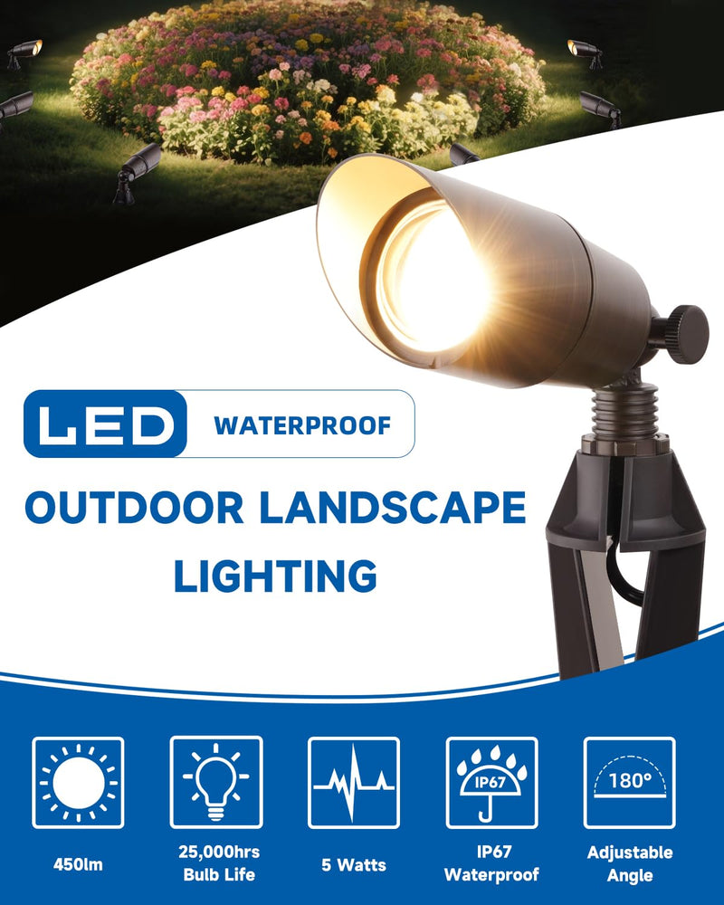Brass Landscape Spotlights: Solid Brass Landscape Lights, Waterproof 12V Low Voltage Spot Lights with 5W MR16 LED Bulb (Warm White) for Garden, Patio, Lawn & Yard 1-Pack