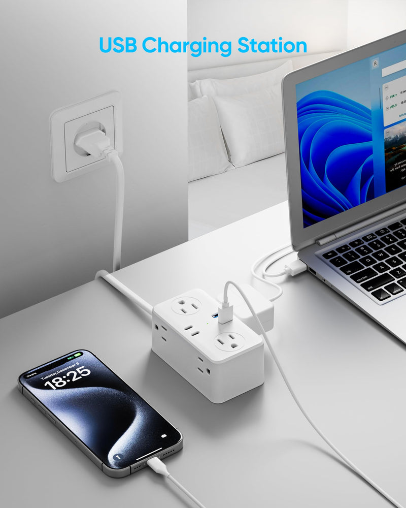 European Travel Plug Adapter, EU/UK/US Travel Adapter Power Strip, 6 AC Outlets, 20W USB C Power Delivery, 3ft Wrapped Around Extension Cord, Compact for Travel PD 20W for EU