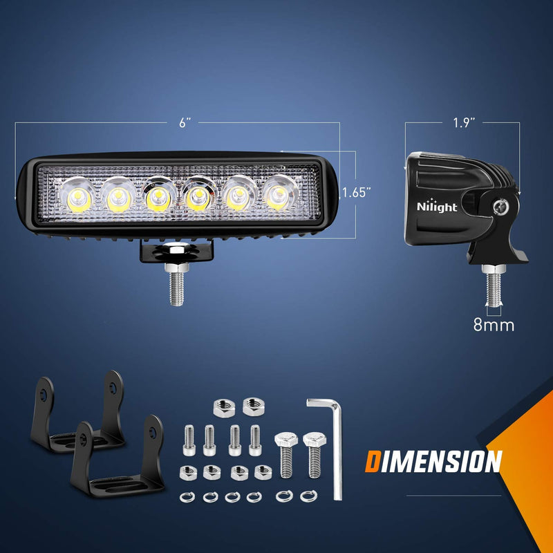 Nilight LED Light Bar 2PCS 18W 6Inch Flood LED Pods Offroad Fog Light Waterproof for Boat SUV ATV 4WD Car Truck Golf Cart 12V 24V,2 Years Warranty 2Pcs 18W Lights
