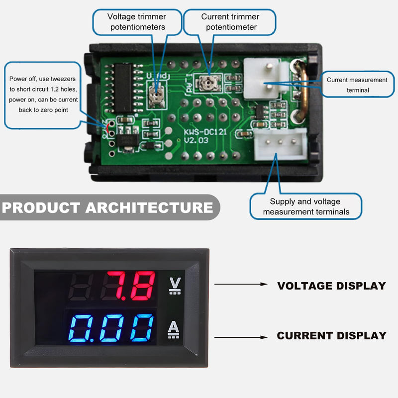 2 PCS 0.28" Digital Voltmeter Ammeter, DC 0-100V 10A 2 in 1 Volt Amp Meter with Connect Wires, Red & Blue Dual LED Display Panel Current Tester Voltage Gauge for EV Car Boat